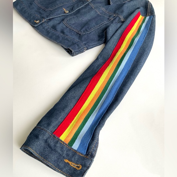 Honey Punch Cropped Denim Jacket with Rainbow Stripe Pride Detail Size S - Picture 7 of 12
